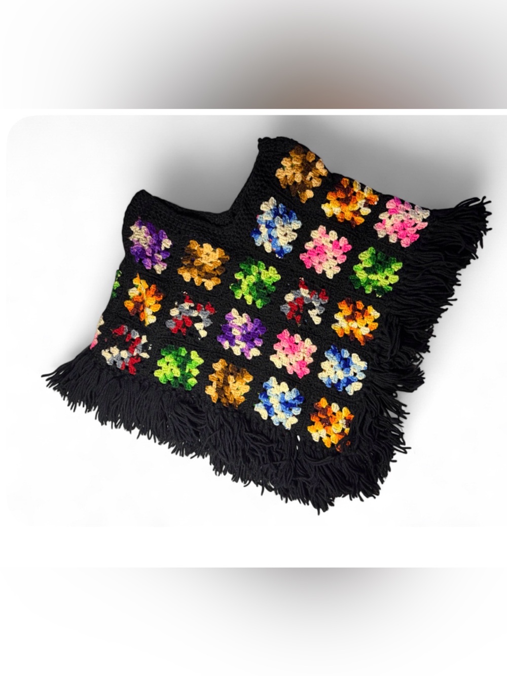 Handmade Black Crochet Granny Square Pillow Cover with Multicolor Accents